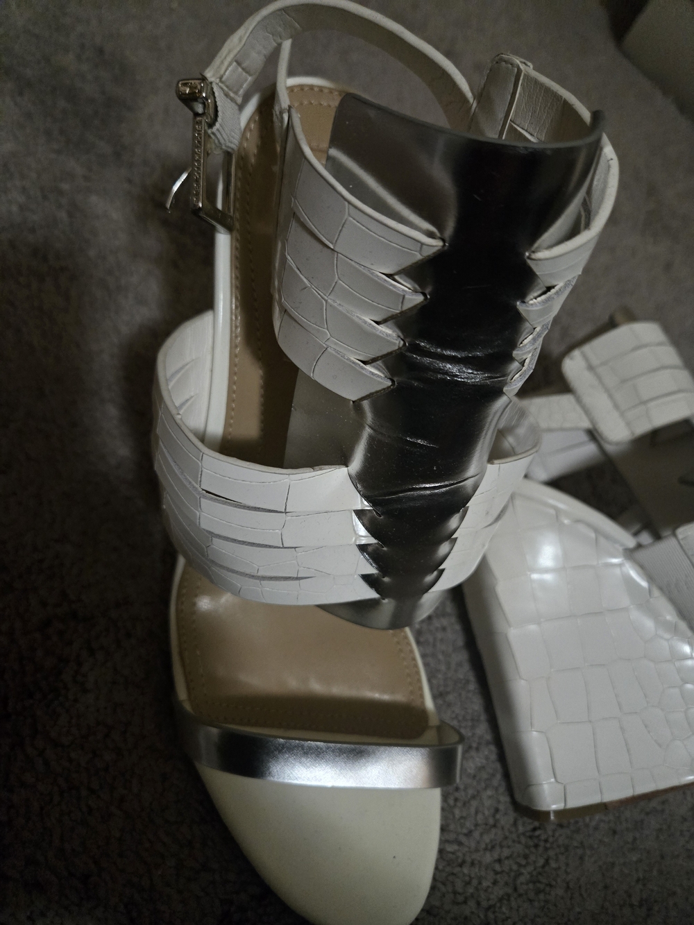 BCBGMaxAzria White and Silver Strappy High-Heel Sandals - Picture 3 of 3